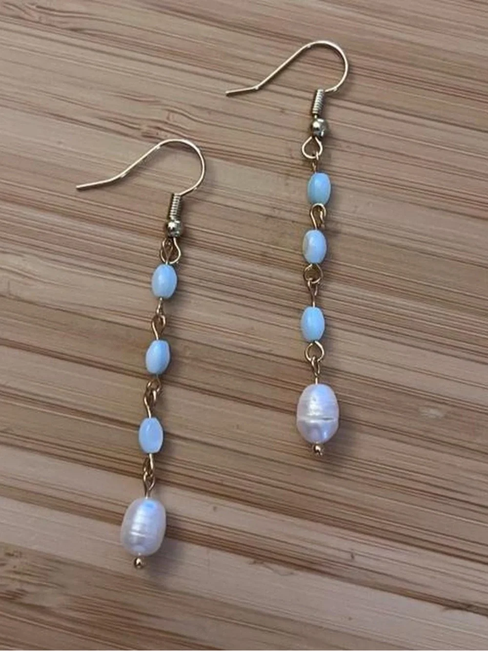 18K Gold-Plated Pearl & turquoise blue bead hook dangle earrings